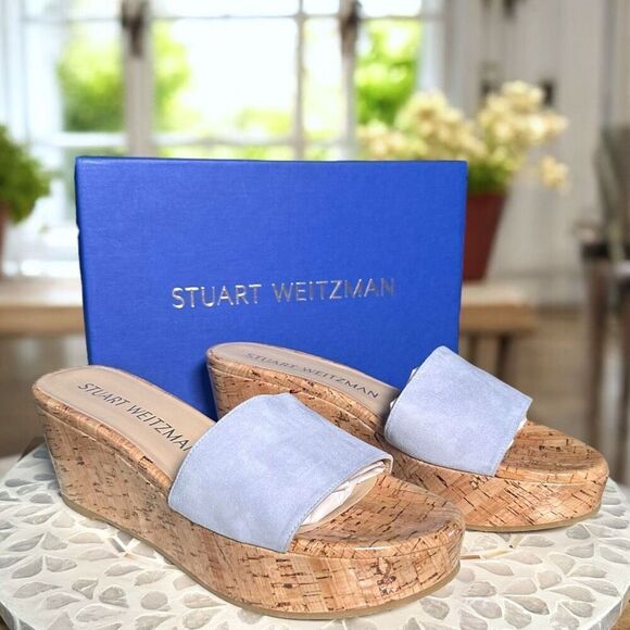 Stuart Weitzman $375 Summer Suede Leather Wedge Slide Sandals Cork Platform Slip - Picture 5 of 14